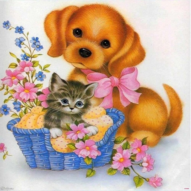 Котенок и щенок рисунок